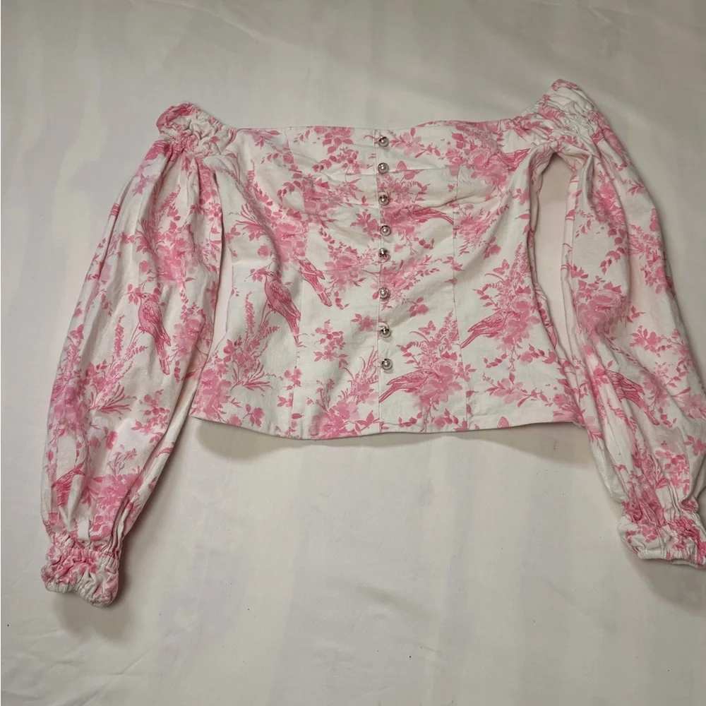 MAJORELLE Off-Shoulder Pink Floral Button Front Top - Picture 4 of 12